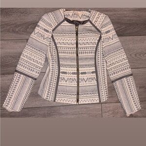 H&M Size 6 Full Zip Blazer White Gray Aztec Boho Print Dressy Long Sleeved